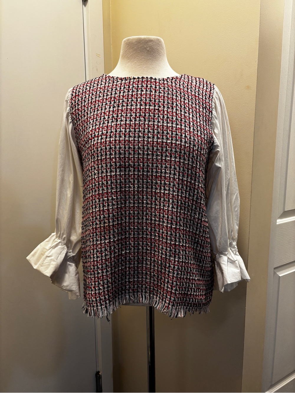 Zara Red, Black and White Tweed Layered Sleeveless Tunic